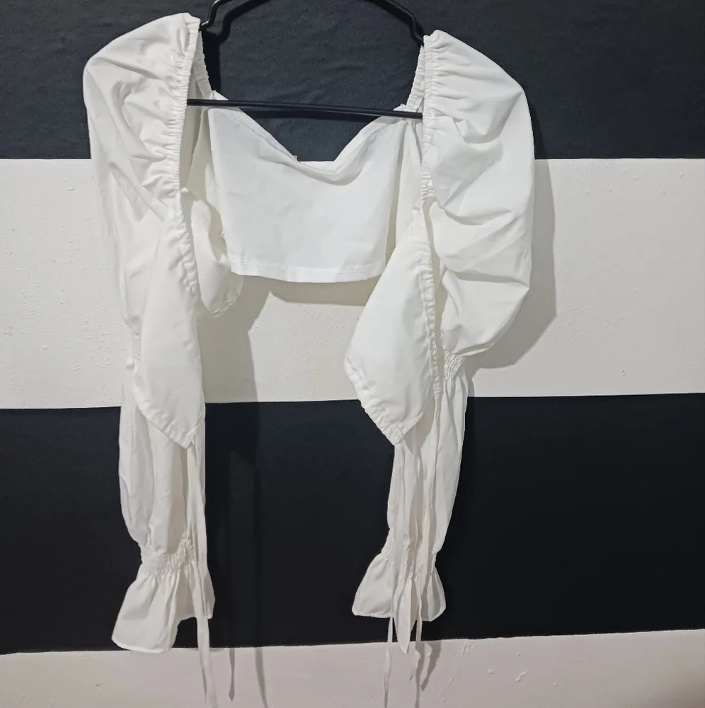 Women sexy white tie puffer elastic long sleeve top - Picture 2 of 16